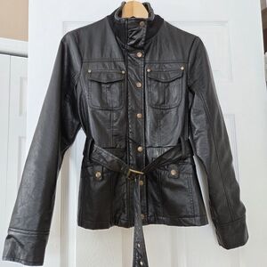 Miss London Black faux leather belted Jacket with Gold Hardware